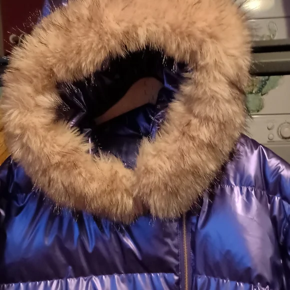 Shiny Purple Puffer Jacket with Fur Hood - Picture 4 of 8